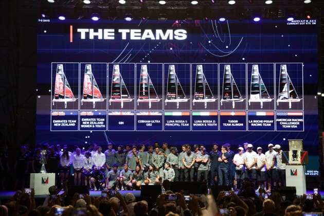 THE LOUIS VUITTON 38TH AMERICA™S CUP PRELIMINARY REGATTA, NAPLES The presentation team on stage on the seafront on 24 September 2026. ABP12117 Copyright: xAntonioxBalascox