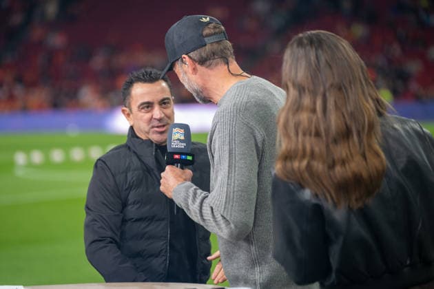 Xavi Hernandez (Netherlands), coach, greets Jürgen Klopp (Germany), coach. Also present: Laura Wontorra, reporter. Netherlands vs. Germany, soccer, UEFA Nations League, Matchday 1, Group B, 2026–2027 season, September 24, 2026, Netherlands vs. Germany, soccer, UEFA Nations League, Matchday 1, Group B, 2026–2027 season, September 24, 2026, Amsterdam Copyright: xEibner-Pressefoto ThomasxHaeslerx EP_THR