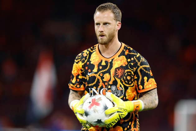 Amsterdam, Netherlands, 24th September 2026. Mark Flekken of the Netherlands warms up before the Netherlands vs Germany UEFA Nations League match at the Johan Cruyff Arena, Amsterdam. Picture credit should read: Cody Froggatt Sportimage EDITORIAL USE ONLY. No use with unauthorised audio, video, data, fixture lists, club league logos or live services. Online in-match use limited to 120 images, no video emulation. No use in betting, games or single club league player publications. SPI_021_CF_NETHERLANDS_V_GERMANY SPI-5017-0021