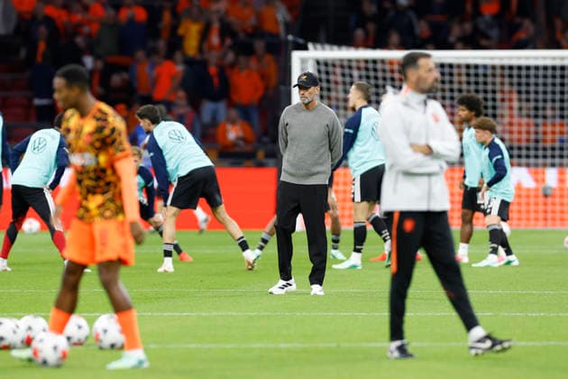 Amsterdam, Netherlands, 24th September 2026. Jurgen Klopp, head coach of Germany looks on during the warm up before the Netherlands vs Germany UEFA Nations League match at the Johan Cruyff Arena, Amsterdam. Picture credit should read: Cody Froggatt Sportimage EDITORIAL USE ONLY. No use with unauthorised audio, video, data, fixture lists, club league logos or live services. Online in-match use limited to 120 images, no video emulation. No use in betting, games or single club league player publications. SPI_023_CF_NETHERLANDS_V_GERMANY SPI-5017-0023