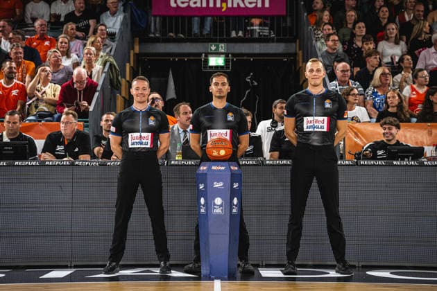 1 Basketball Bundesliga, easyCredit BBL, 2026–2027 Season, Men s Division, Regular Season, Matchday 2, September 24, 2026, RASTA Vechta vs. Bamberg Baskets: The referees before the game at the RASTA Dome in Vechta, Lower Saxony, Germany