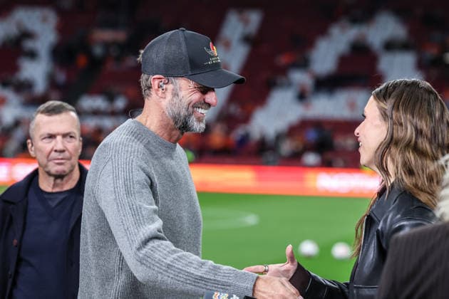 Sports, Soccer, UEFA Nations League 2026–2027 Season, Group A2, Matchday 1: Netherlands vs. Germany, September 24, 2026, Johan Cruijff ArenA. Jürgen Klopp, coach of Germany, greets Laura Wontorra in Amsterdam at the Johan Cruijff ArenA, Netherlands.
