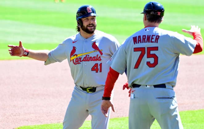 St. Louis Cardinals first baseman Alec Burleson (41) his solo homer in the first inning against the Pittsburgh Pirates with St. Louis Cardinals third base coach Ron pop Warner (75) at PNC Park on Thursday, Sept. 24, 2026 in Pittsburgh.  PIT2026092406 ArchiexCarpenter