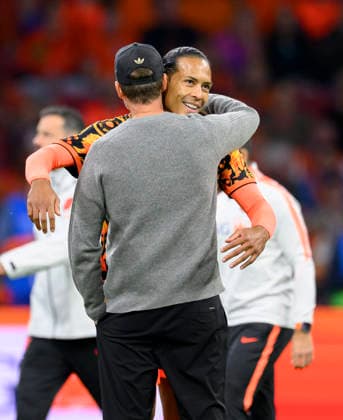 National Team Coach Jürgen Klopp (GER) and Virgil van Dijk (NED) embrace during a soccer international match in the UEFA Nations League, Matchday 1: Netherlands (NED) vs. Germany (GER), on September 24, 2026, at the Johan Cruyff Arena in Amsterdam, Netherlands