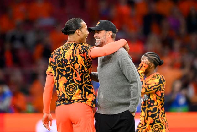 National Team Coach Jürgen Klopp (GER) and Virgil van Dijk (NED) embrace during a soccer international match in the UEFA Nations League, Matchday 1: Netherlands (NED) vs. Germany (GER), on September 24, 2026, at the Johan Cruyff Arena in Amsterdam, Netherlands