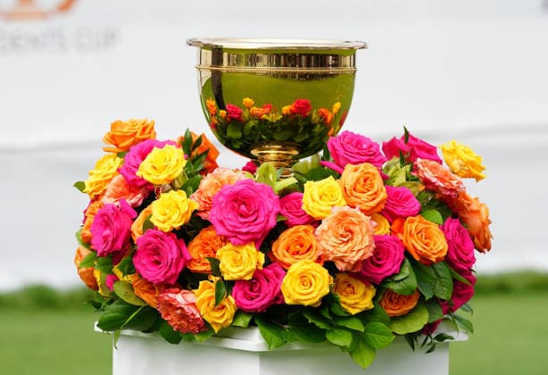 MEDINAH, IL - SEPTEMBER 24: The Presidents Cup is on display at the first tee during the first round of the 2026 Presidents Cup at Medinah Country Club in Medinah, Illinois. (Photo by Brian Spurlock Icon Sportswire) GOLF: SEP 24 Presidents Cup EDITORIAL USE ONLY Icon2609242