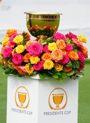 MEDINAH, IL - SEPTEMBER 24: The Presidents Cup is on display at the first tee during the first round of the 2026 Presidents Cup at Medinah Country Club in Medinah, Illinois. (Photo by Brian Spurlock Icon Sportswire) GOLF: SEP 24 Presidents Cup EDITORIAL USE ONLY Icon2609243