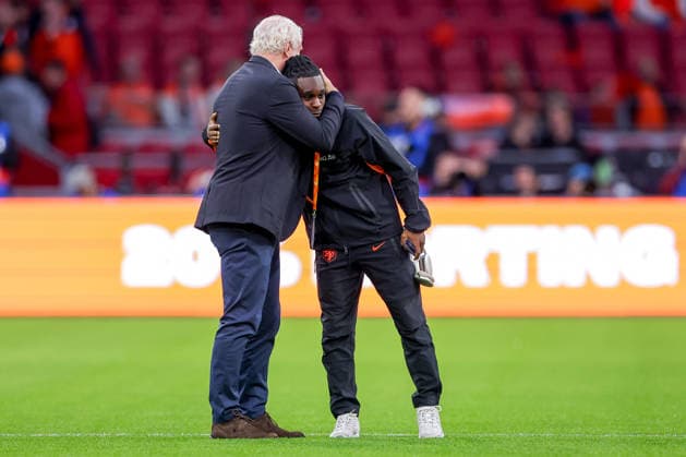 September 24, 2026, Soccer, International Match, Netherlands vs. Germany, Kickoff of the 2026–2027 UEFA Nations League, Matchday 1, Johan Cruijff ArenA, Amsterdam, 2026–27 season. Rudi Völler, sporting director of the German national team (DFB), alongside Jeremie Frimpong (NED 12). DFB regulations prohibit any use of photographs as image sequences and or quasi-video. Netherlands