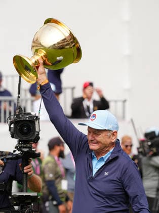 MEDINAH, IL - SEPTEMBER 24: Actor Bill Murray carries the Presidents Cup to the first tee during the Opening Ceremony before the start of the first round of the 2026 Presidents Cup at Medinah Country Club in Medinah, Illinois. (Photo by Brian Spurlock Icon Sportswire) GOLF: SEP 24 Presidents Cup EDITORIAL USE ONLY Icon2609247