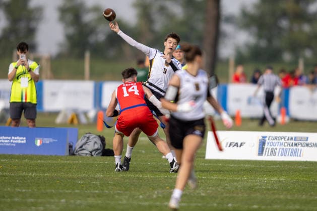 09 German Quaterback Tthrows the ball, U15 Mixed Germany vs Czech Republic IFAF European Youth Championships 2026, 24.09.2026 Lido Delle Nazioni Lido Delle Nazioni Italia Copyright: xPFA BjörnxKeckerx