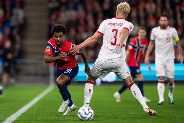 260924 Antonio Nusa of Norway during the Nations League soccer match between Norway and Denmark on September 24, 2026, in Oslo. Photo: Vegard Grott, BILDBYRAN. Code: VG VG1005 bbeng soccer football fotball Nations League international match Norway Denmark  Copyright: VEGARDxGRoTT BB260924VG029