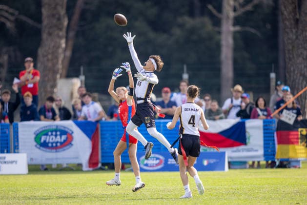 64 German Player jump to get the catch, U15 Mixed Germany vs Czech Republic IFAF European Youth Championships 2026, 24.09.2026 Lido Delle Nazioni Lido Delle Nazioni Italia Copyright: xPFA BjörnxKeckerx