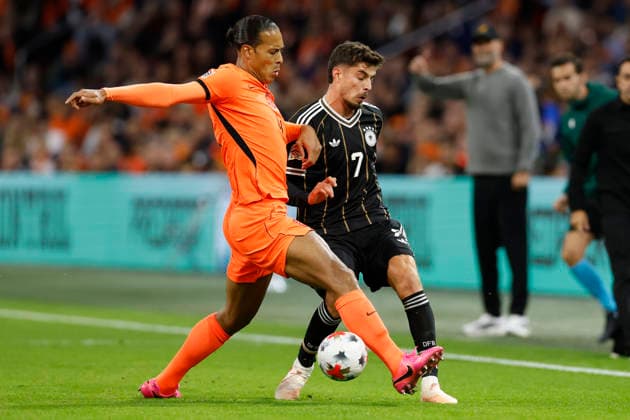 Amsterdam, Netherlands, 24th September 2026. Virgil van Dijk of the Netherlands and Kai Havertz of Germany challenge for the ball during the Netherlands vs Germany UEFA Nations League match at the Johan Cruyff Arena, Amsterdam. Picture credit should read: Cody Froggatt Sportimage EDITORIAL USE ONLY. No use with unauthorised audio, video, data, fixture lists, club league logos or live services. Online in-match use limited to 120 images, no video emulation. No use in betting, games or single club league player publications. SPI_036_CF_NETHERLANDS_V_GERMANY SPI-5017-0036