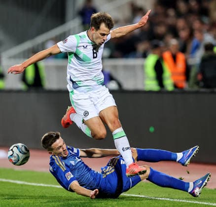 UEFA Nations League Group Stage, Fadil Vokrri Stadium, Pristina, Kosovo 24 9 2026 Kosovo vs Republic of Ireland Kosovo s Ilir Krasniqi and Jayson Molumby of Ireland Ilir Krasniqi and Jayson Molumby 24 9 2026  Copyright: xx RB1_48b97