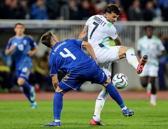 UEFA Nations League Group Stage, Fadil Vokrri Stadium, Pristina, Kosovo 24 9 2026 Kosovo vs Republic of Ireland Ireland s Troy Parrott and Ilir Krasniqi of Kosovo Troy Parrott and Ilir Krasniqi 24 9 2026  Copyright: xx RB1_4952