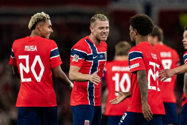 September 24, 2026: Oscar Bobb of Norway celebrates with his teammates after scoring the 1-0 goal during the Nations League soccer match between Norway and Denmark on September 24, 2026 in Oslo. Photo: Vegard Grott, BILDBYRAN, code VG VG1005 bbeng soccer football fotball Nations League international match Norway Denmark celebration jubilation  Copyright: VEGARDxGRoTT BB260924VG031