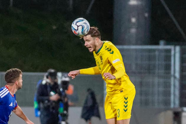 Edgaras Utkus, Lithuania, No. 3, heading the ball; Liechtenstein, UEFA, Nations League, Matchday 1, Liechtenstein vs. Lithuania, September 24, 2026, Vaduz Rheinpark Stadium, Liechtenstein Copyright: xGrantxHubbsx