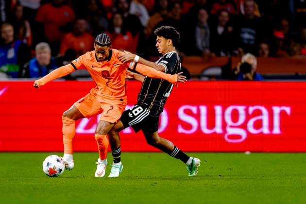 AMSTERDAM: Netherlands forward Crysencio Summerville and Germany defender Nathaniel Brown during the UEFA Nations League match between the Netherlands and Germany at the Johan Cruijff ArenA on September 24, 2026, in Amsterdam, Netherlands. Photo by DeFodi Images