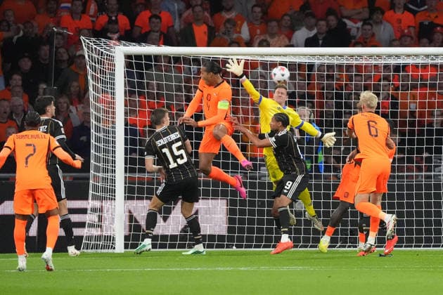 Header by Virgil van Dijk, Netherlands, 0-4 to 1-0, but the goal is disallowed by VAR. Amsterdam, September 24, 2026. Netherlands vs. Germany, Nations League Matchday 1, Johann Cruijff Arena