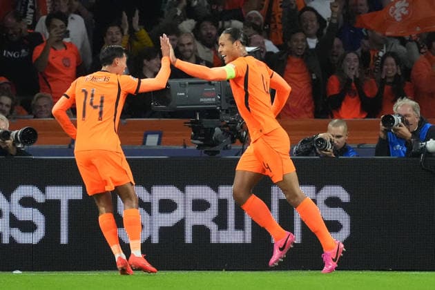 Virgil van Dijk celebrates a goal in the Netherlands, Netherlands, 04, but the goal doesn t count. Amsterdam, September 24, 2026. Netherlands vs. Germany, Nations League Matchday 1, Johann Cruijff Arena