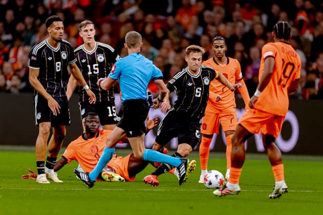 AMSTERDAM: Netherlands forward Brian Brobbey and Germany midfielder Joshua Kimmich during the UEFA Nations League match between the Netherlands and Germany at the Johan Cruijff ArenA on September 24, 2026, in Amsterdam, Netherlands. Photo by DeFodi Images