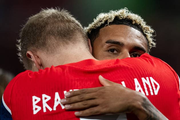 September 24, 2026: Erling Braut Haaland and Antonio Nusa of Norway celebrate after scoring the 2-0 goal during the Nations League soccer match between Norway and Denmark on September 24, 2026 in Oslo. Photo by Marius Simensen, BILDBYRAN COP 238 VG1005 bbeng soccer football fotball Nations League international match Norway Denmark celebration jubilation  Copyright: MARIUSxSIMENSEN BB260924ZM005