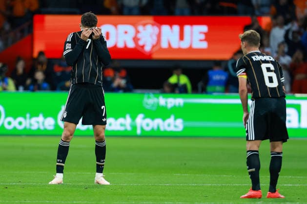 UEFA Nations League 26 27 Netherlands vs. Germany on September 24, 2026, at the Johan Cruyff Arena in Amsterdam; Kai Havertz (Germany 7) is unhappy, disappointed, disheartened, and dejected; Joshua Kimmich (Germany 6) is in front of him MH