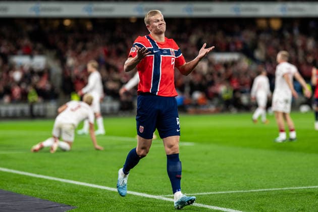 September 24, 2026: Erling Braut Haaland of Norway celebrates after scoring the 2-0 goal during the Nations League soccer match between Norway and Denmark on September 24, 2026 in Oslo. Photo by Marius Simensen. BILDBYRAN COP 238 VG1005 bbeng soccer football fotball Nations League international match Norway Denmark celebration jubilation  Copyright: MARIUSxSIMENSEN BB260924ZR004