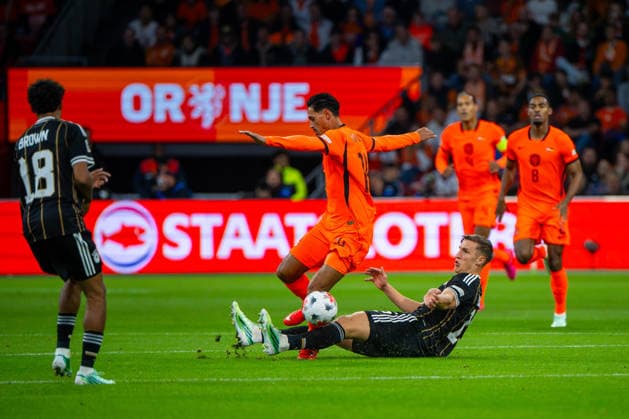 Soccer, Men s, 2026–27 Season, UEFA Nations League League A, Group 2, Matchday 1 in Amsterdam, Netherlands vs. Germany; from left: Nathaniel Brown (Germany), Tijjani Reijnders (Netherlands), Nico Schlotterbeck (Germany); September 24, 2026, Copyright: xMatthiasxKochx
