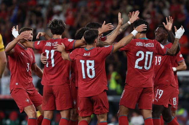 Lisbon, Portugal, September 24: João Félix of Portugal celebrates with a teammate after scoring the goal that made the score 1–0 during the UEFA Nations League 2026–27 League Phase Matchday 1 match between Portugal and Wales at Estádio José Alvalade on September 24, 2026, in Lisbon, Portugal Copyright: HMBxMedia JoaquimxFerreira