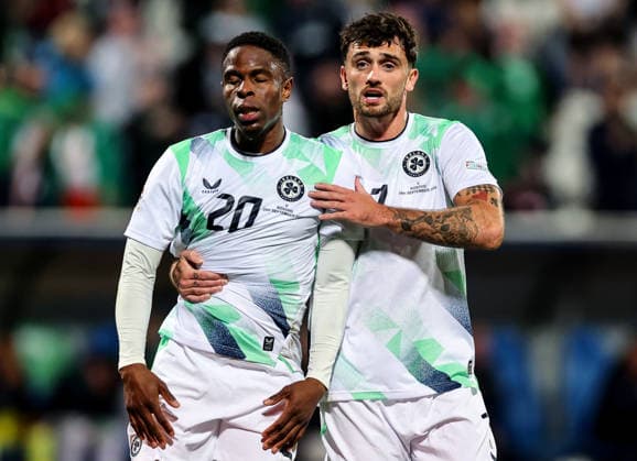 UEFA Nations League Group Stage, Fadil Vokrri Stadium, Pristina, Kosovo 24 9 2026 Kosovo vs Republic of Ireland Ireland s Troy Parrott and Chiedozie Ogbene react during the game Troy Parrott and Chiedozie Ogbene react during the game 24 9 2026  Copyright: xx RB1_5417