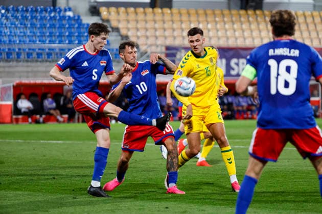 Jonas Weissenhofer (Liechtenstein, 05), Marcel Büchel (Buchel, Liechtenstein, 10), and Gvidas Gineitis (Lithuania, 15) battling for the ball, Liechtenstein, UEFA Nations League, Matchday 1, Liechtenstein vs. Lithuania, September 24, 2026, Vaduz Rheinpark Stadium, Liechtenstein Copyright: xGrantxHubbsx