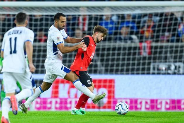 SOCCER - NL, AUT vs ISR LINZ,AUSTRIA,24.SEP.26 - SOCCER - UEFA Nations League, group stage, OEFB international match, Länderspiel, Nationalmannschaft Austria vs Israel. Image shows Eliel Peretz (ISR) and Romano Schmid (AUT).  GEPAxpictures xDanielaxMoser