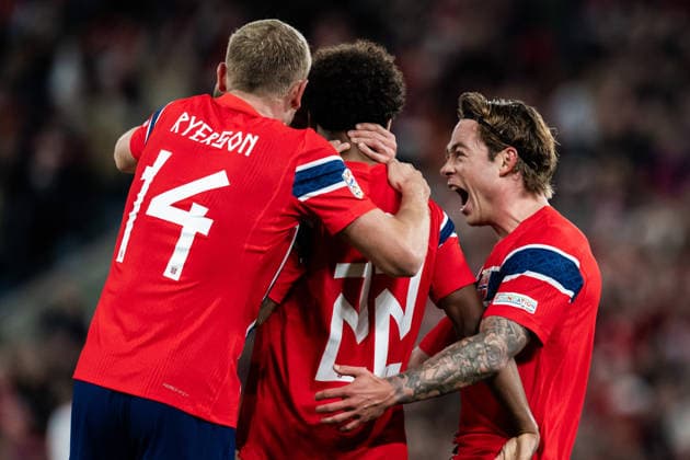 September 24, 2026: Oscar Bobb, Julian Ryerson, and Patrick Berg of Norway celebrate after scoring the 1-0 goal during the Nations League soccer match between Norway and Denmark on September 24, 2026 in Oslo. Photo by Vegard Grott, BILDBYRAN, code VG VG1005 bbeng soccer football fotball Nations League international match Norway Denmark celebration jubilation  Copyright: VEGARDxGRoTT BB260924VG032