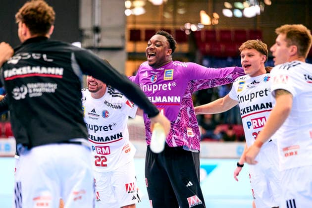 Celebrations after the game: Rubens Pierre 93, HC Erlangen with Eloy Morante Maldonado 22, HC Erlangen, Maxsim Lochman 32, HC Erlangen, September 24, 2026, Handball DHB Cup, 2026–2027 Season, Round 2, TVB 1898 Stuttgart vs. HC Erlangen, Nuremberg Metropolitan Region, HCE PeKo xpexkox
