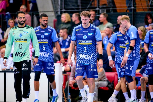 Mohamed Essam Moustafa El Tayar 12, TVB 1898 Stuttgart Philipp Ahouansou 5, TVB 1898 Stuttgart Max Haefner 3, TVB 1898 Stuttgart Linus Schmid 19, TVB 1898 Stuttgart Disappointment Disappointed Unhappy Dejected September 24, 2026 Handball DHB Cup 2026–2027 Season, Round 2 TVB 1898 Stuttgart vs. HC Erlangen, Nuremberg Metropolitan Region HCE PeKo xpexkox