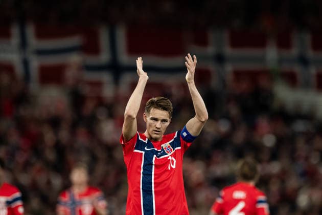 260924 Martin Odegaard of Norway during the Nations League soccer match between Norway and Denmark on September 24, 2026, in Oslo. Photo: Vegard Grott, BILDBYRAN. Code: VG VG1005 bbeng soccer football fotball Nations League international match Norway Denmark  Copyright: VEGARDxGRoTT BB260924VG034