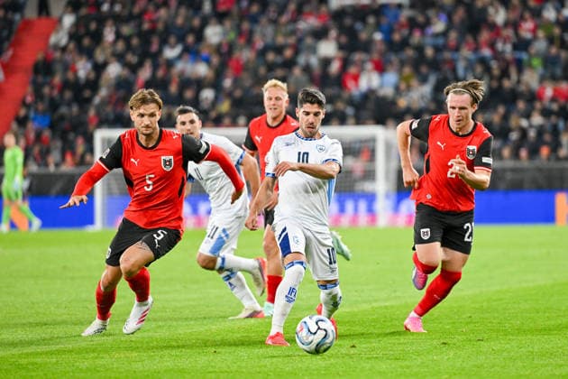 September 24, 2026, Oberoesterreich Arena Linz, AUT, UEFA Nations League 2026–27 Group B: Austria vs. Israel; pictured: Stefan Posch (AUT) vs. Manor Solomon (ISR), Patrick Wimmer (AUT) UEFA Nations League 2026–27 Group B match between Austria and Israel in Linz, Austria, on September 24, 2026; Linz, Upper Austria, Austria