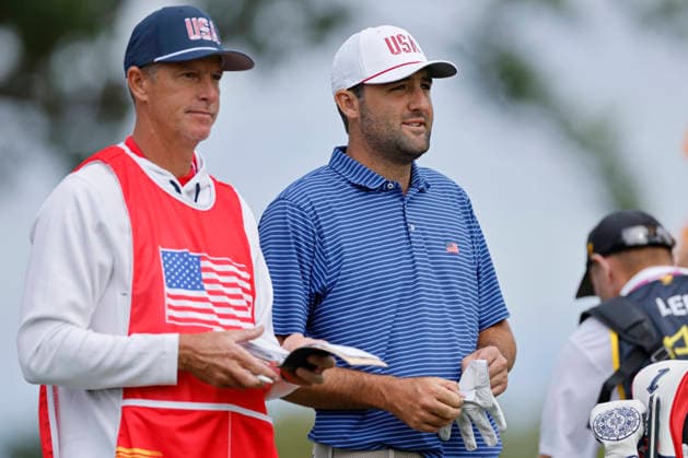 MEDINAH, IL - SEPTEMBER 24: Scottie Scheffler of the United States with caddie Ted Scott during Thursday s Four-ball matches on day one of the Presidents Cup 2026 on September 24, 2026 at Medinah Country Club in Medinah, Illinois. (Photo by Joe Robbins Icon Sportswire) GOLF: SEP 24 Presidents Cup EDITORIAL USE ONLY Icon573260924012