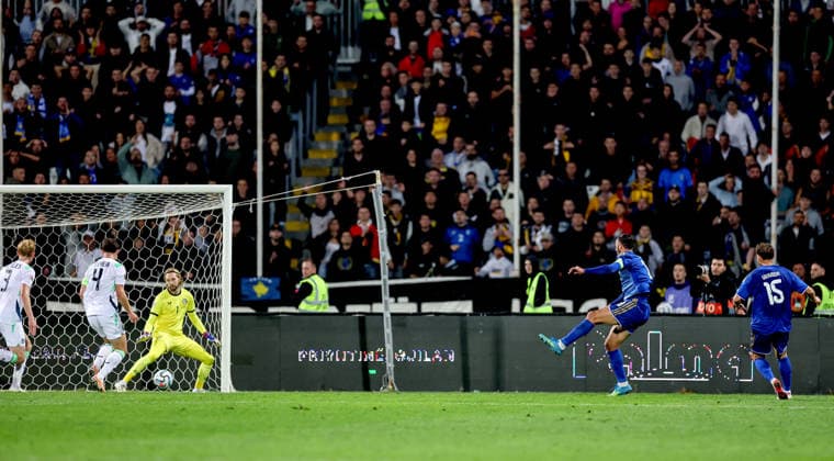 UEFA Nations League Group Stage, Fadil Vokrri Stadium, Pristina, Kosovo 24 9 2026 Kosovo vs Republic of Ireland Kosovo s Vedat Muriqi shoots on goal Vedat Muriqi shoots on goal 24 9 2026  Copyright: xx RB1_5622