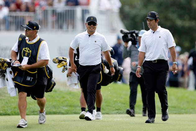 MEDINAH, IL - SEPTEMBER 24: Hideki Matsuyama and Ryo Hisatsune of Japan and the International Team walk to the tee at the second hole during Thursday s Four-ball matches on day one of the Presidents Cup 2026 on September 24, 2026 at Medinah Country Club in Medinah, Illinois. (Photo by Joe Robbins Icon Sportswire) GOLF: SEP 24 Presidents Cup EDITORIAL USE ONLY Icon573260924020