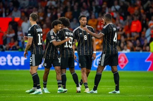 Soccer, Men s, 2026–27 Season, UEFA Nations League League A, Group 2, Matchday 1 in Amsterdam, Netherlands vs. Germany; from left: Nico Schlotterbeck (Germany), Nathaniel Brown (Germany), Karim Adeyemi (Germany), Felix Nmecha (Germany), Jonathan Tah (Germany); celebration after the 0–1 goal; September 24, 2026, Copyright: xMatthiasxKochx