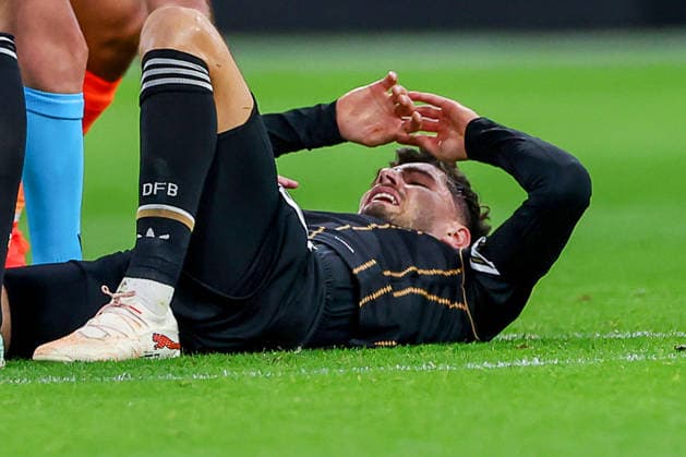 September 24, 2026, Soccer, International Match, Netherlands vs. Germany, Kickoff of the 2026–2027 UEFA Nations League, Matchday 1, Johan Cruijff ArenA, Amsterdam, 2026–27 season: Kai Havertz (GER 07) is lying on the field in pain and has to be substituted. DFB regulations prohibit any use of photographs as image sequences and or quasi-video. Netherlands