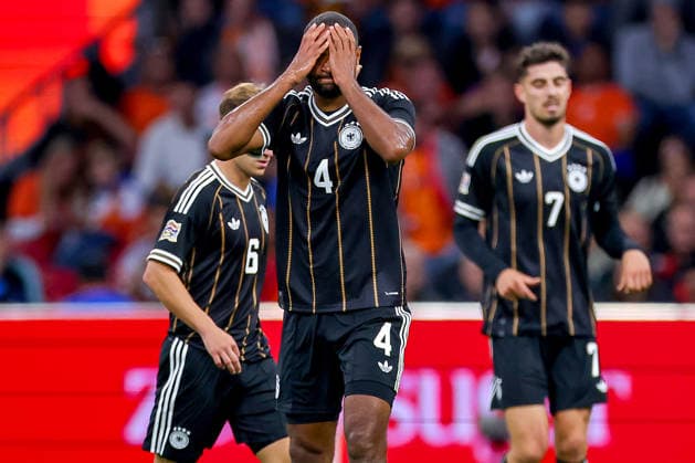 September 24, 2026, Soccer, International Match, Netherlands vs. Germany, Kickoff of the 2026–2027 UEFA Nations League, Matchday 1, Johan Cruijff ArenA, Amsterdam, 2026–27 season: Jonathan Tah (GER 04) gesturing on the sideline after a foul on Brian Brobbey (NED 09). DFB regulations prohibit any use of photographs as image sequences and or quasi-video. Netherlands
