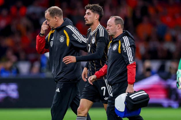September 24, 2026, Soccer, International Match, Netherlands vs. Germany, Kickoff of the 2026–2027 UEFA Nations League, Matchday 1, Johan Cruijff ArenA, Amsterdam, 2026–27 season. Kai Havertz (GER 07) is forced to leave the game due to injury. Substitution due to injury. DFB regulations prohibit any use of photographs as image sequences and or quasi-video. Netherlands