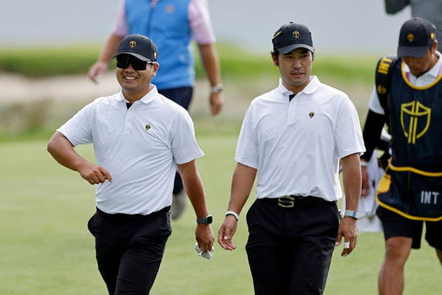 MEDINAH, IL - SEPTEMBER 24: Hideki Matsuyama and Ryo Hisatsune of Japan and the International Team walk to the tee at the second hole during Thursday s Four-ball matches on day one of the Presidents Cup 2026 on September 24, 2026 at Medinah Country Club in Medinah, Illinois. (Photo by Joe Robbins Icon Sportswire) GOLF: SEP 24 Presidents Cup EDITORIAL USE ONLY Icon573260924021