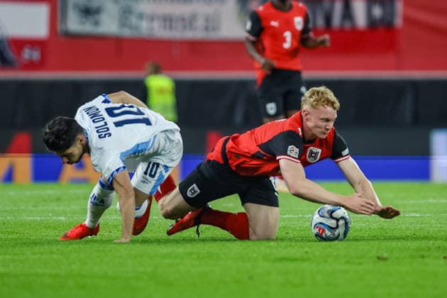 SOCCER - NL, AUT vs ISR LINZ,AUSTRIA,24.SEP.26 - SOCCER - UEFA Nations League, group stage, OEFB international match, Länderspiel, Nationalmannschaft Austria vs Israel. Image shows Manor Solomon (ISR) and Nicolas Seiwald (AUT).  GEPAxpictures xManuelxBinder
