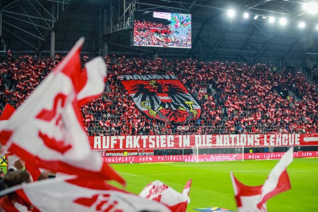 SOCCER - NL, AUT vs ISR LINZ,AUSTRIA,24.SEP.26 - SOCCER - UEFA Nations League, group stage, OEFB international match, Länderspiel, Nationalmannschaft Austria vs Israel. Image shows a choreography by fans of Austria. Keywords: Stiegl.  GEPAxpictures xManuelxBinder