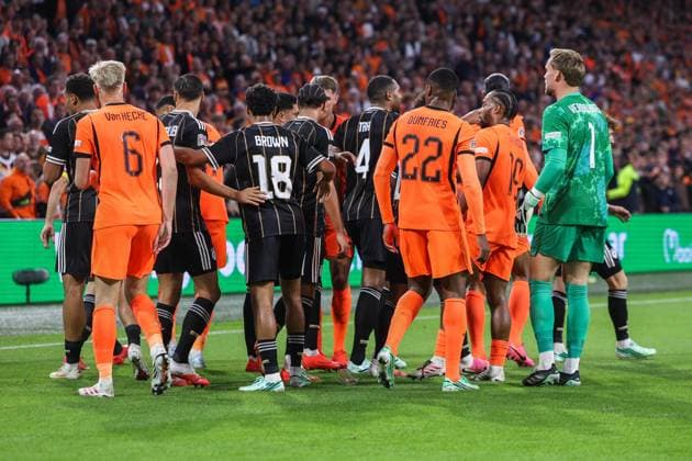 Soccer: UEFA Nations League, Matchday 1—Netherlands vs. Germany on September 24, 2026, at the Johan Cruijff ArenA in Amsterdam. Celebrations after Felix Nmecha s goal to make it 0–1 for Germany. xJRx