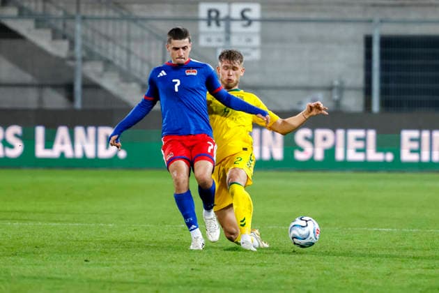 Fabio Luque Notaro (Liechtenstein, No. 7) and Artemijus Tutyskinas (Lithuania, No. 2) in a one-on-one battle, Liechtenstein, UEFA Nations League, Matchday 1, Liechtenstein vs. Lithuania, September 24, 2026, Vaduz Rheinpark Stadium, Liechtenstein Copyright: xGrantxHubbsx